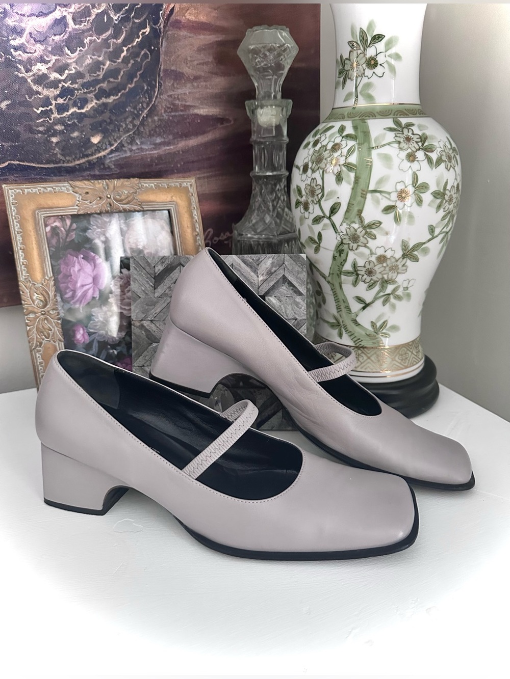 Sara Kent Gray Leather Mary Jane Block Heel Pumps Sz 40 Made in Italy